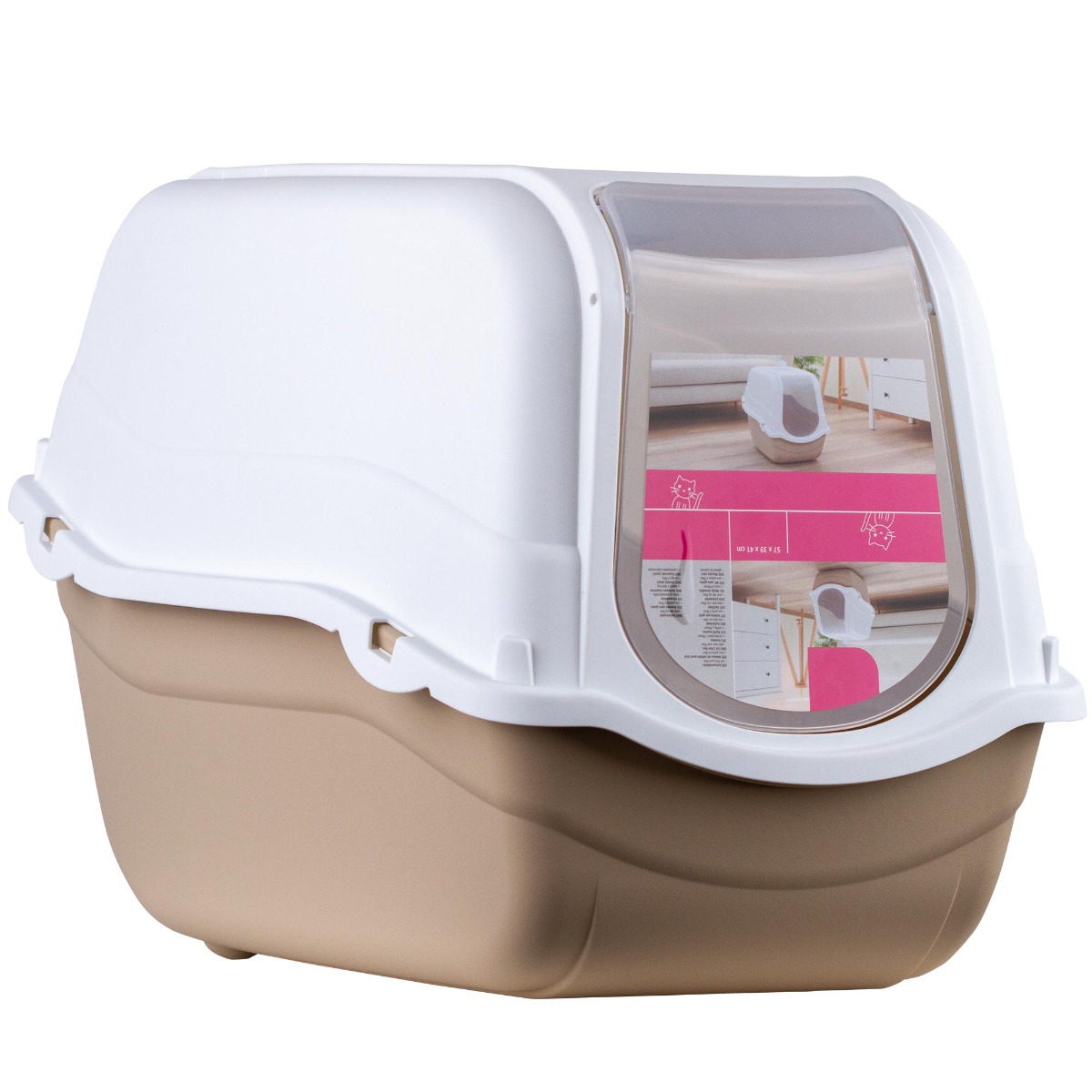 Litiera pisici acoperita cu capac si filtru de carbon activ, 57x39x41 cm, plastic, taupe/alb/crem