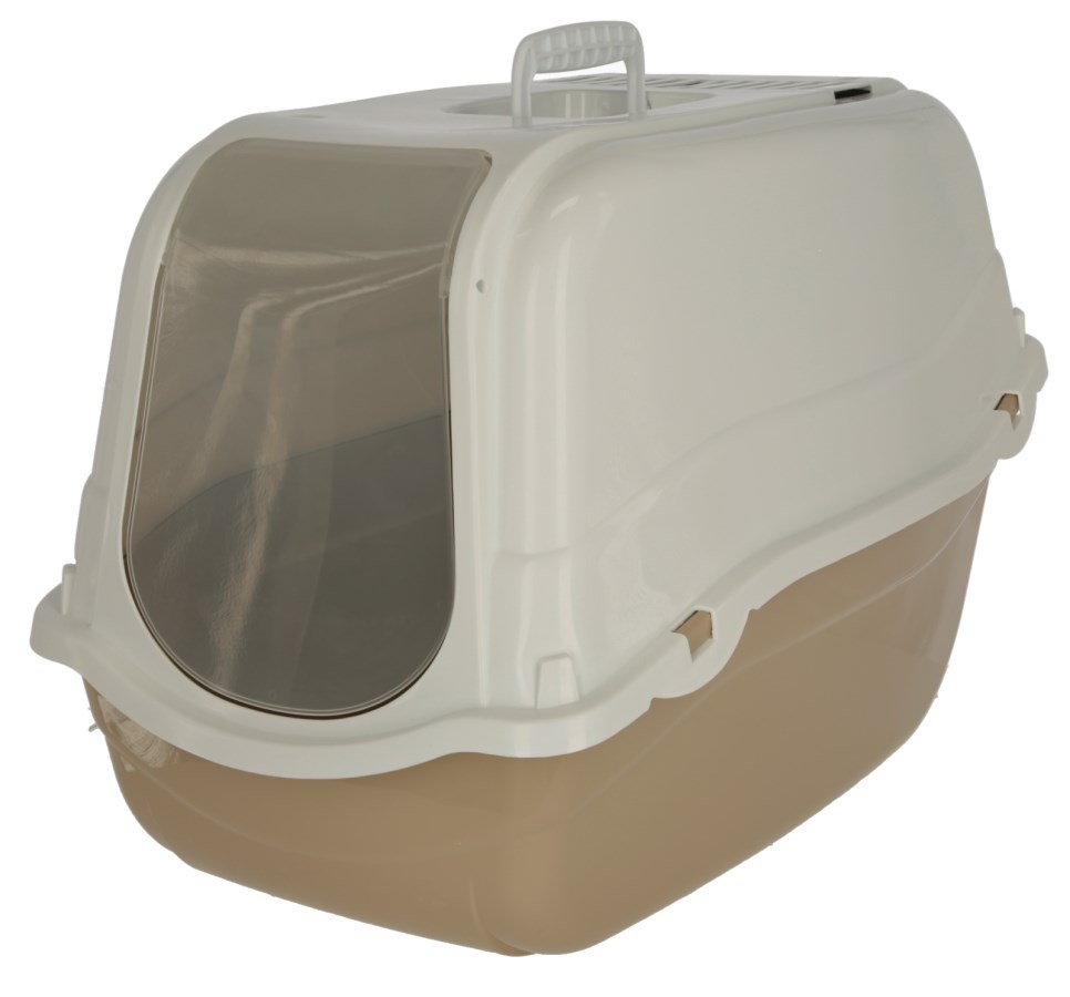 Litiera pisici acoperita cu capac si filtru de carbon activ, 57x39x41 cm, plastic, taupe/alb/crem
