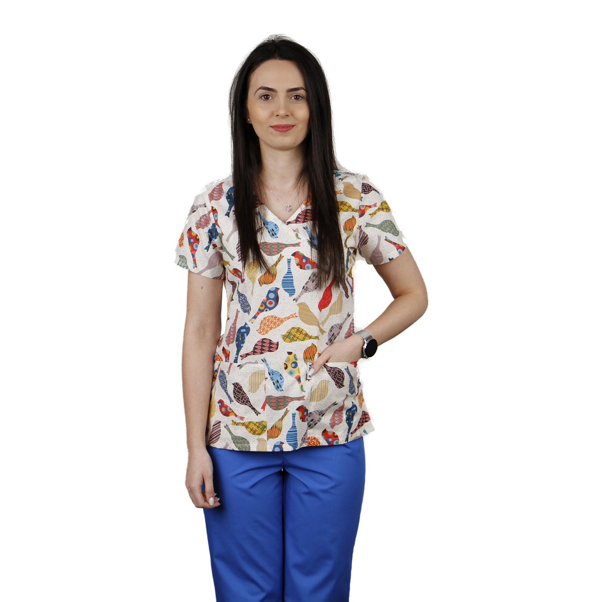 Bluza medicala dama MIRA Imprimeu, maneca scurta, 2 buzunare, pasari, XS
