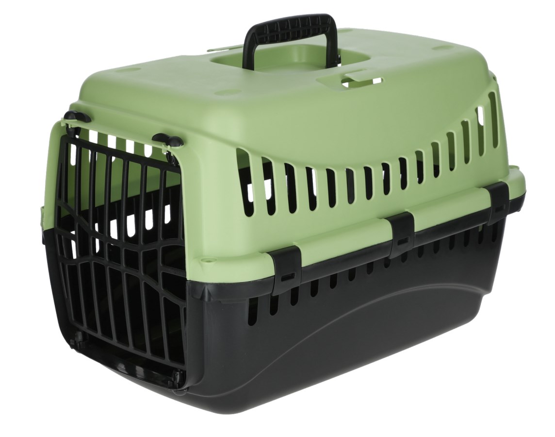 Cusca transport pisici si catei, din plastic, cu usa de plastic si fante auto, verde/negru, 45x30x30 cm - cutie transport animale mici pana la 10 kg