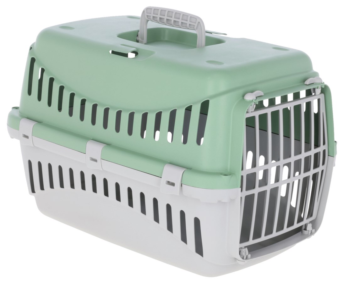 Cusca transport pisici si catei, din plastic, cu usa de plastic si fante auto, verde/gri, 45x30x30 cm - cutie transport animale mici pana la 10 kg