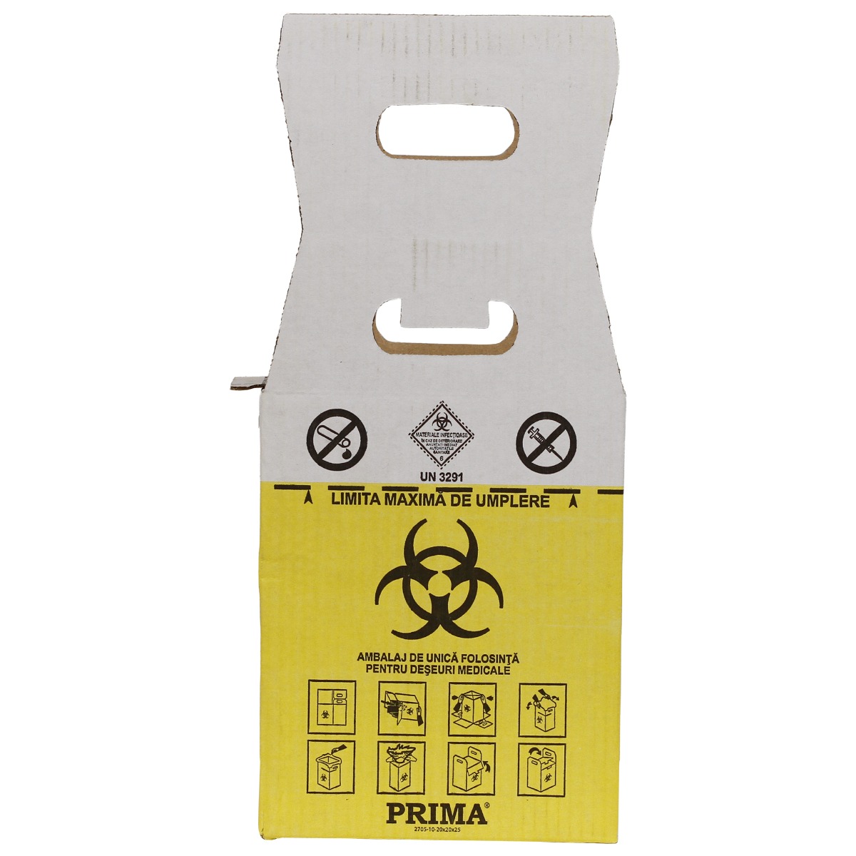 Cutie deseuri medicale 10L cu sac galben Biohazard, carton 3 straturi, pentru colectarea si incinerarea deseurilor infectioase