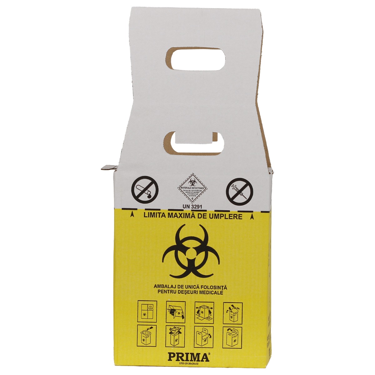 Cutie deseuri medicale 20L cu sac galben Biohazard, carton 3 straturi, pentru colectarea si incinerarea deseurilor infectioase