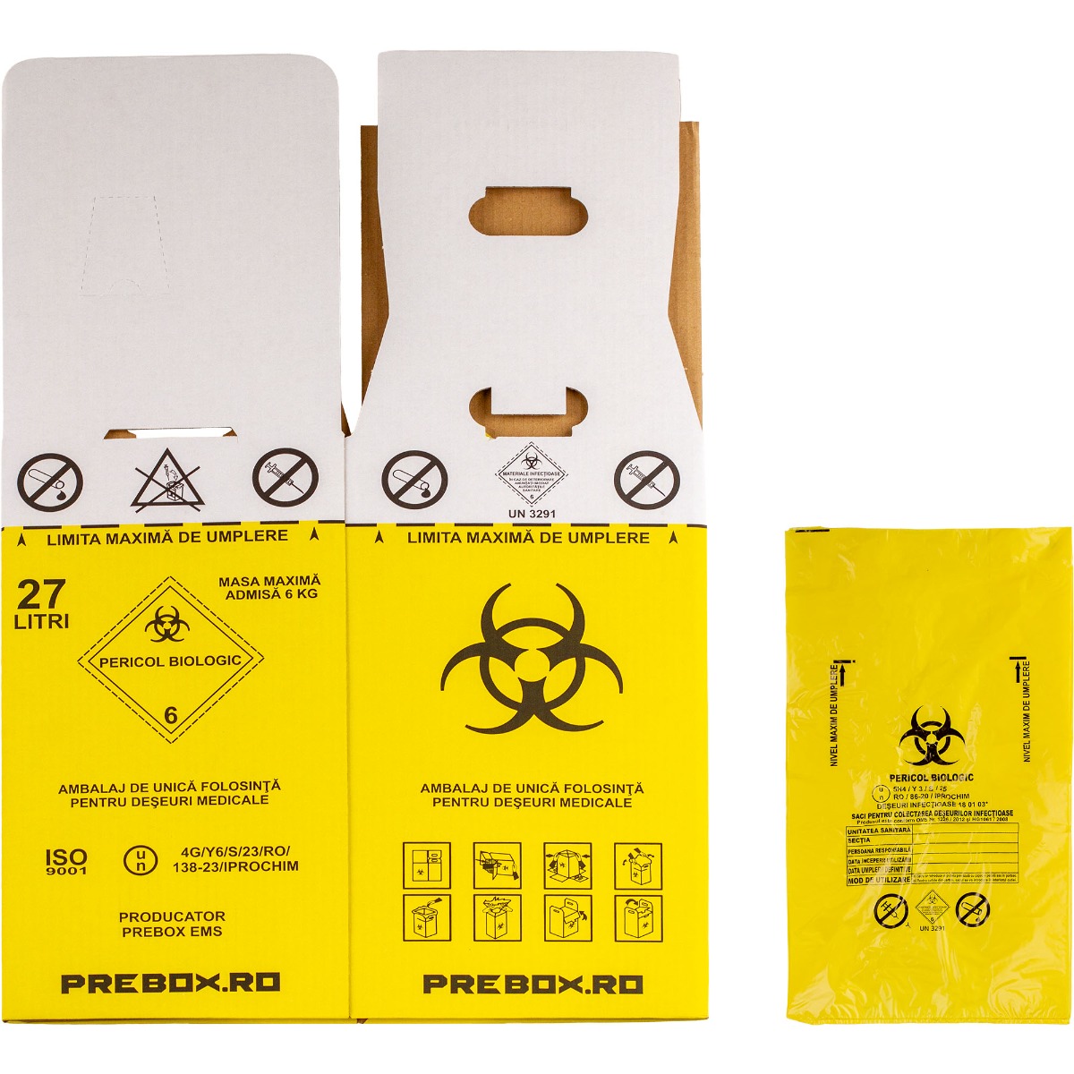 Cutie deseuri medicale 27L cu sac galben Biohazard, carton 3 straturi, pentru colectarea si incinerarea deseurilor infectioase