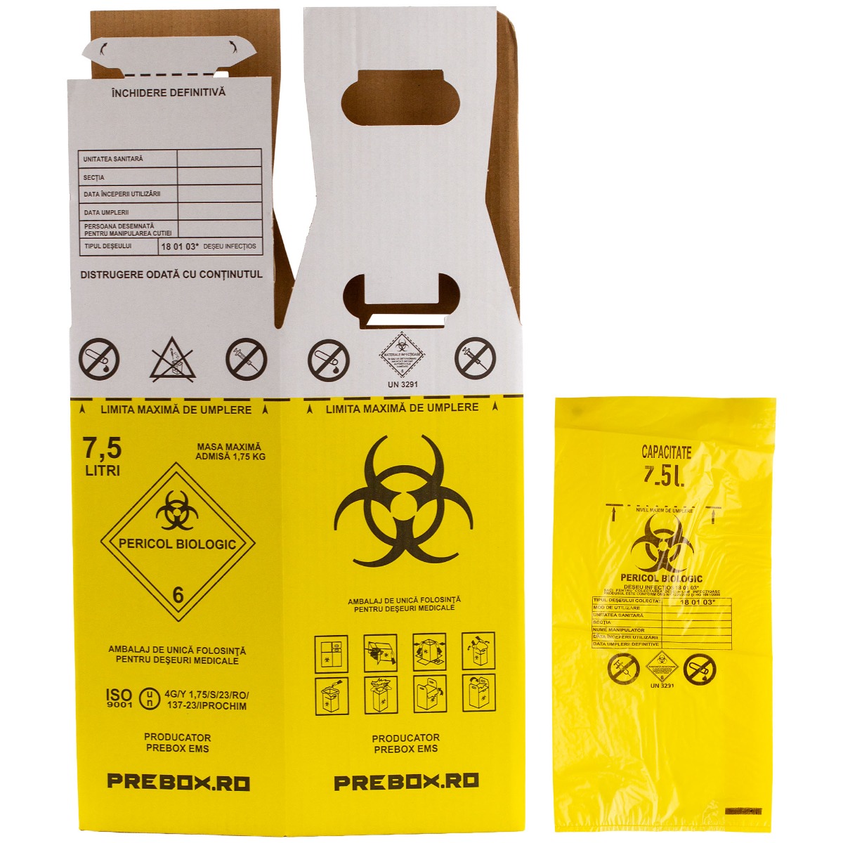 Cutie deseuri medicale 7.5L cu sac galben Biohazard, carton 3 straturi, pentru colectarea si incinerarea deseurilor infectioase