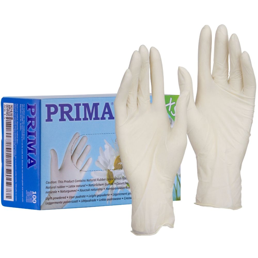 Manusi examinare albe din latex, nesterile, usor pudrate, PRIMA, diverse marimi, 100buc