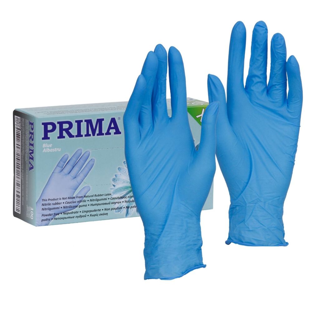 Manusi examinare albastre din nitril, nepudrate, PRIMA, marimi S-XL, 100 bucati