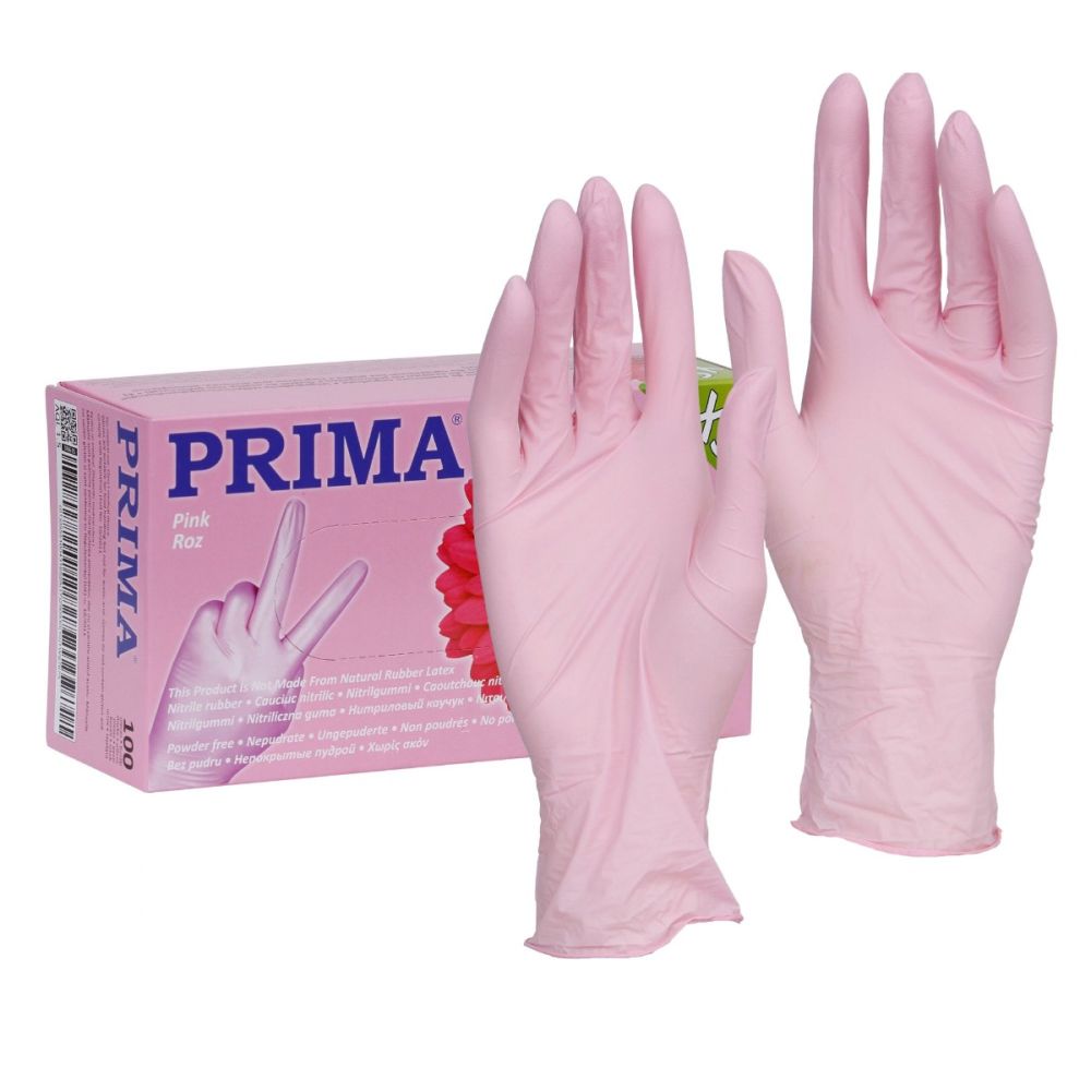 Manusi examinare roz din nitril, nepudrate, PRIMA, marimi S-XL, 100 bucati