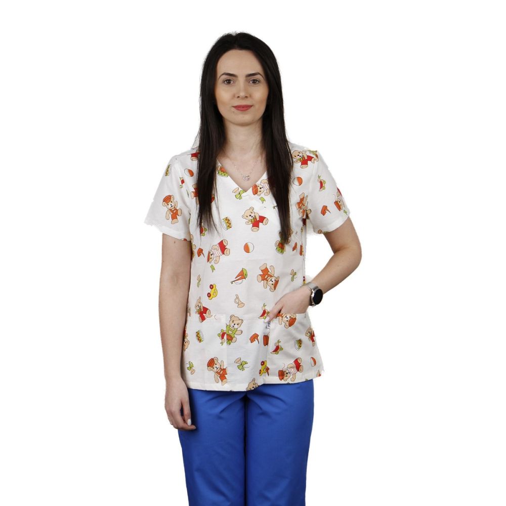 Bluza dama MIRA Imprimeu ursi cu tobe - Uniforma Medicala