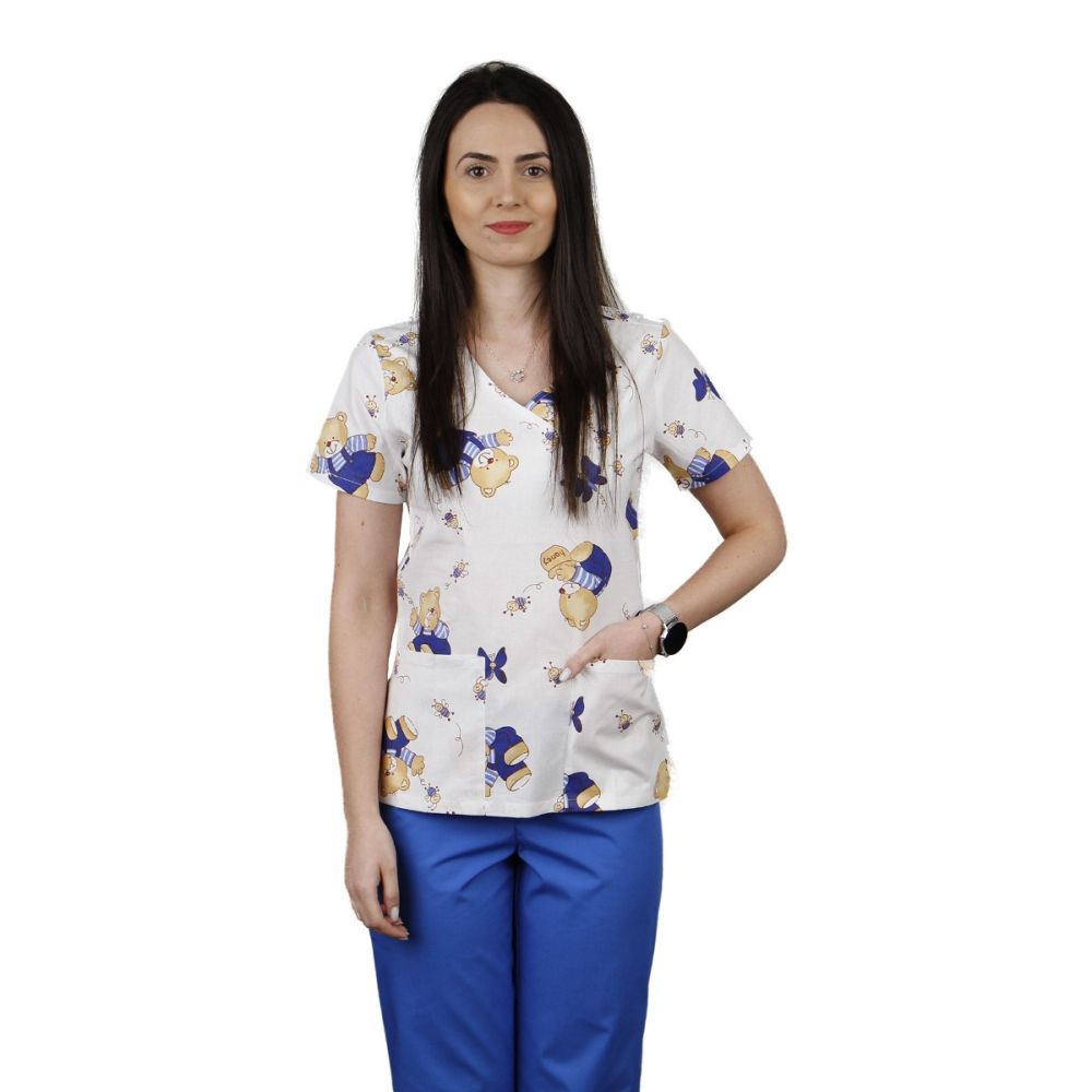 Bluza dama MIRA Imprimeu urs alb/albastru - Uniforma Medicala