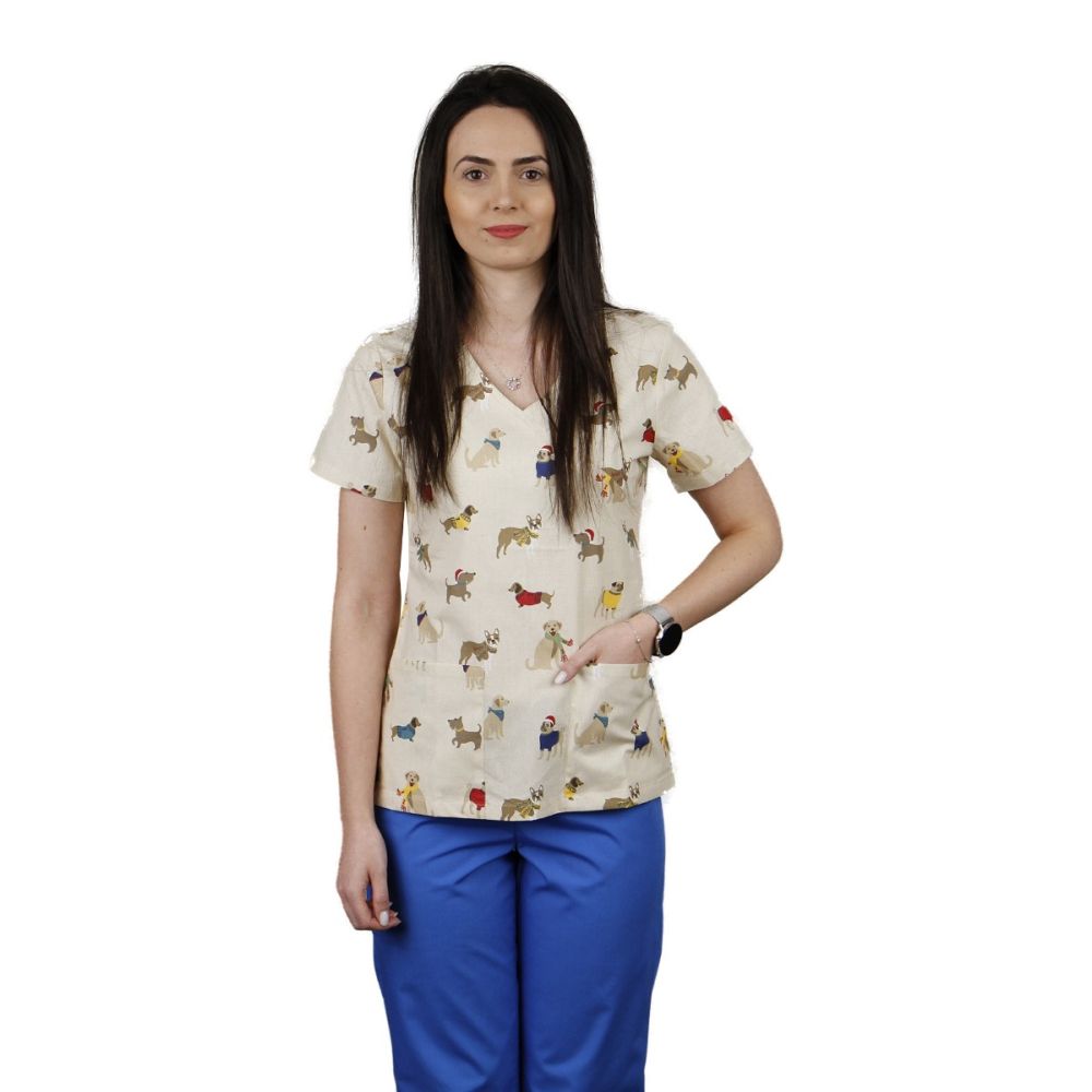 Bluza dama MIRA Imprimeu catei cu hainute - Uniforma Medicala