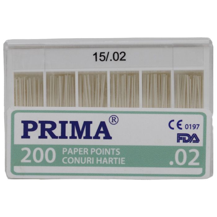 Zahnarztpraxis/PAPIER- UND GUTTAPERCHA-ZAPFEN/Dentale Papierspitzen - PRIMA Endodontie-Papierspitzen .02, Nr. 15–40, verschiedene Farben, 200 Stück