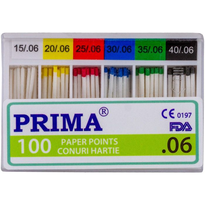 Dental Practice/CONES PAPER AND GUTTA PERCHA/Dental Paper Points - PRIMA Endodontic Paper Points .06, no.15-40, various colors, 100 pieces