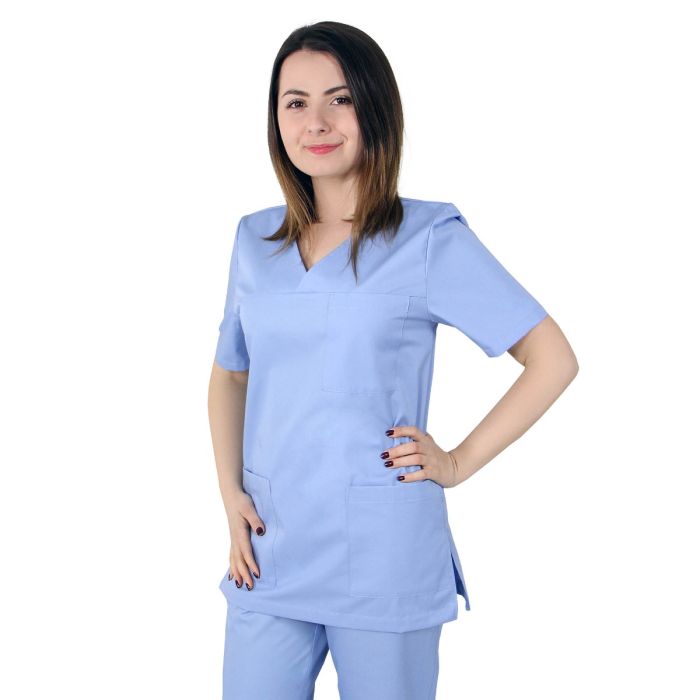 Work Uniforms/PROFESSIONAL UNIFORMS/Women`s Blouses and Coats - VED Premium Unisex Scrub, Light Blue - Medical Uniform
