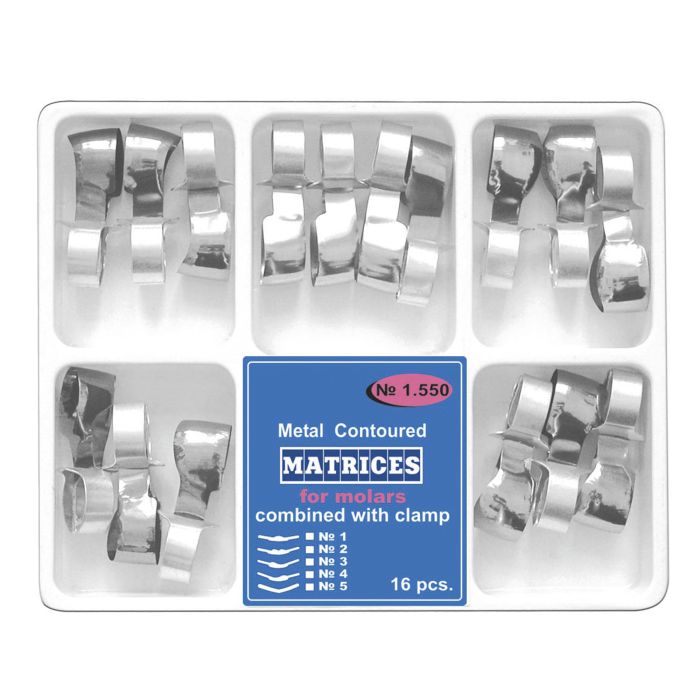 Matrici conturate metalice cu maner de fixare molari/premolari, 5 tipuri, 16 bucati