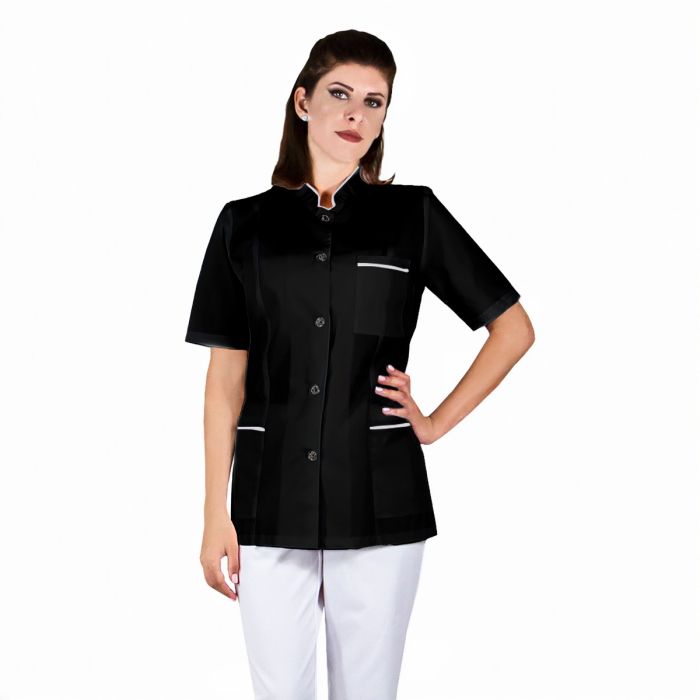 Work Uniforms/PROFESSIONAL UNIFORMS/Women`s Blouses and Coats - OANA Classic Women's Scrub, Black with White Border - Medical Uniform