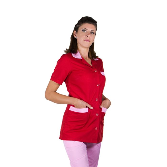 Horeca/HORECA BEKLEIDUNG UND ZUBEHÖR/Horeca Mäntel Und Kostüme - SIA Classic Arbeitskleid für Dienstmädchen, Rot mit hellrosa Bordüre