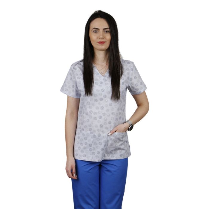 Work Uniforms/PROFESSIONAL UNIFORMS/Women`s Blouses and Coats - CLARA Print Women's Scrub, Blue Polka Dots - Medical Uniform