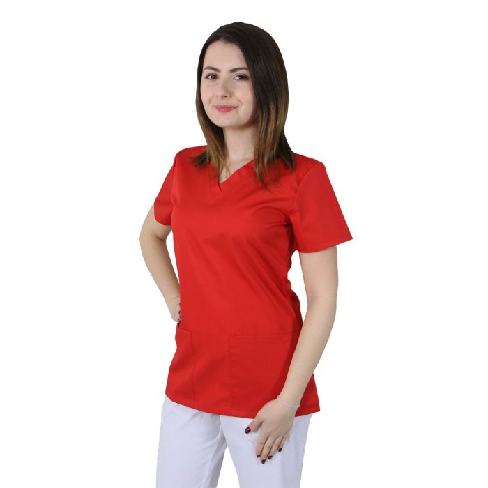 Arbeitsuniformen/BERUFSKLEIDUNG/Damenblusen und -kittel - CLARA Premium Damen-Kasack, Rot – Medizinische Berufsbekleidung