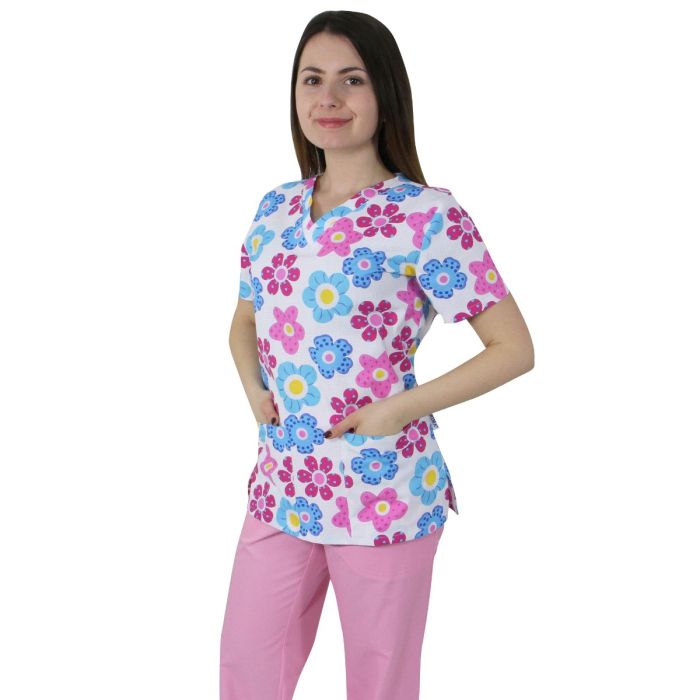 Bluza medicala dama CLARA Imprimeu, maneca scurta, 2 buzunare, flori albastre/roz