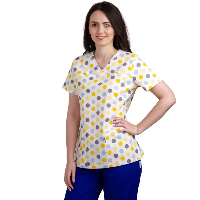 Работни униформи/ПРОФЕСИОНАЛНИ УНИФОРМИ/Дамски блузи и палта - Bluza dama TINA Imprimeu buline galbene/gri - Uniforma Medicala