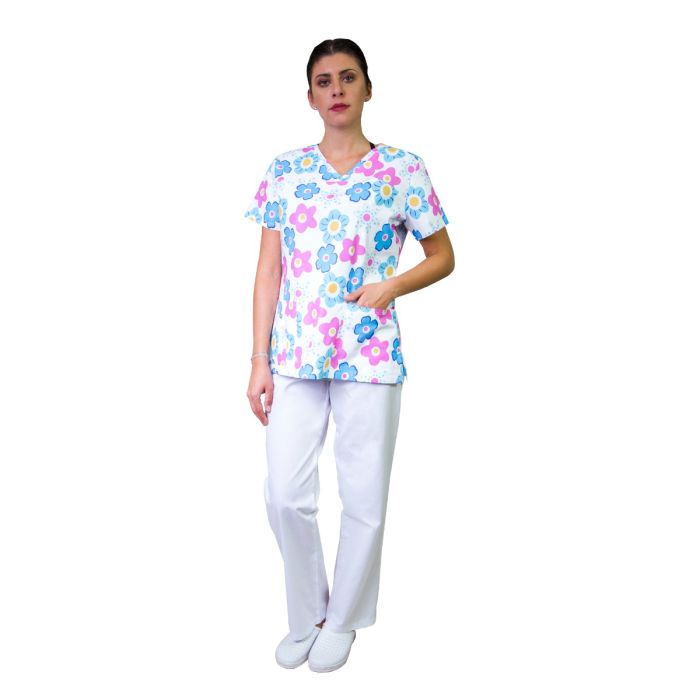 Bluza medicala dama TINA Imprimeu, maneca scurta, 2 buzunare, flori albastre/roz