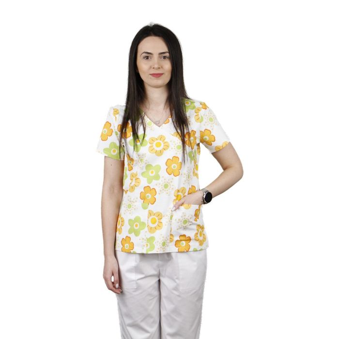 Work Uniforms/PROFESSIONAL UNIFORMS/Women`s Blouses and Coats - MIRA Print Women's Scrub, Green/Orange Flowers - Medical Uniform