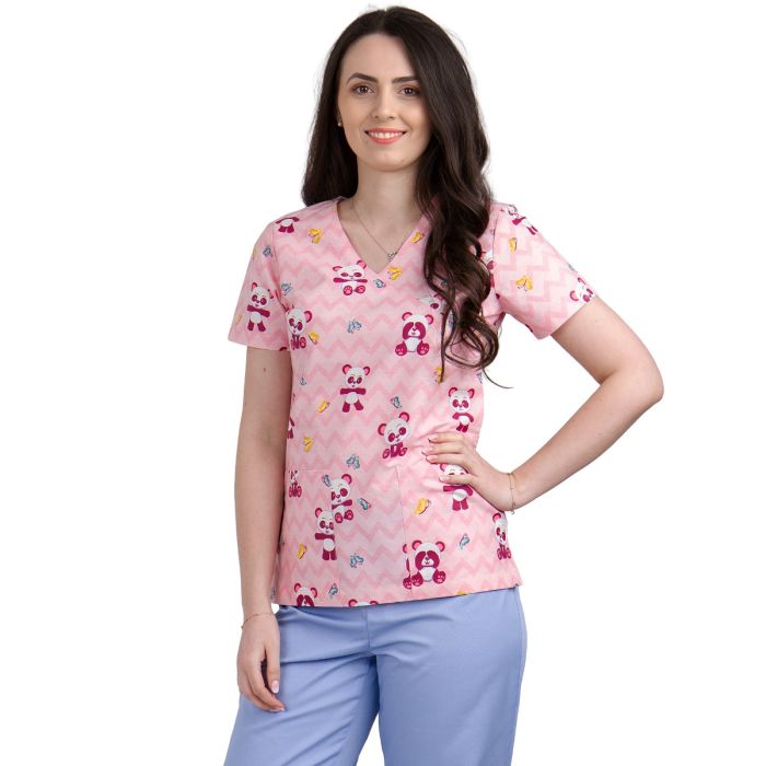 Arbeitsuniformen/BERUFSKLEIDUNG/Damenblusen und -kittel - MIRA Print Damen-Kasack, Rosa Panda – Medizinische Berufsbekleidung