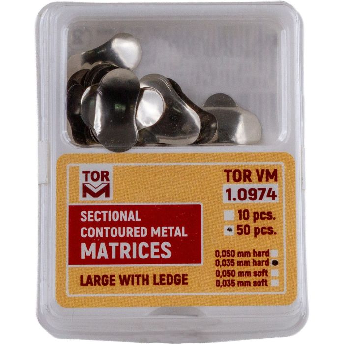 Dental Practice/DENTAL MATRICES AND WEDGES/Dental Matrices - Stainless Steel Sectional Contoured Dental Matrices with Ledge, 35 µm Hard, Sizes S/M/L, Pack of 50