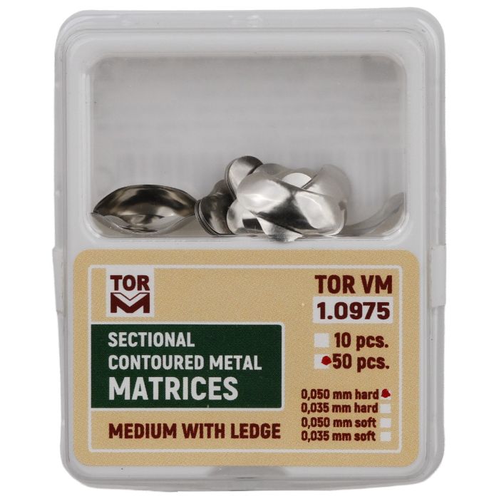 Dental Practice/DENTAL MATRICES AND WEDGES/Dental Matrices - Stainless Steel Sectional Contoured Dental Matrices with Ledge, 50 µm Hard, Sizes S/M/L, Pack of 50