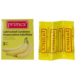 Prezervative PRIMEX, cu aroma de banane, cauciuc/latex, 3 bucati/plic