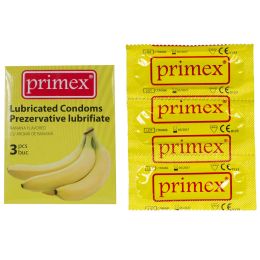 Medical cabinet/GINECOLOGIE/Contraceptie - Prezervative cu aroma de banane, cauciuc/latex, PRIMEX, 3 bucati/plic