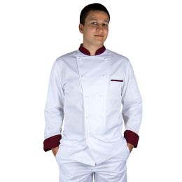Horeca/HORECA CLOTHING AND ACCESSORIES/HORECA Coats and Costumes - DIMA Premium men's chef shirt, long sleeve, tunic collar, button closure, white with garnet border, L