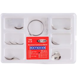 Cabinet Dentaire/MATRICES DENTAIRES ET COINS/Matrices dentaires - Kit de matrices métalliques sectionnelles assorties avec anneau, acier inoxydable, 50 microns, 50 pièces