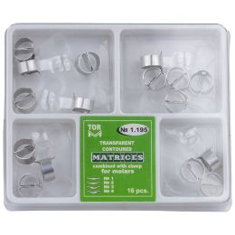Cabinet Dentaire/MATRICES DENTAIRES ET COINS/Matrices dentaires - Matrices métalliques profilées avec pince de fixation pour molaires, 16 pièces