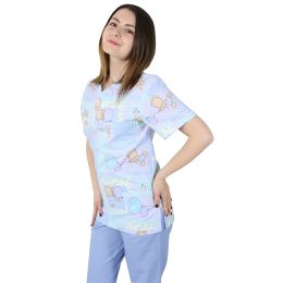 Bluza medicala dama PRIMA Imprimeu, maneca scurta, 3 buzunare, ursuleti albastri carouri, S
