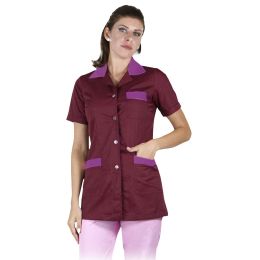 Horeca/HORECA BEKLEIDUNG UND ZUBEHÖR/Horeca Mäntel Und Kostüme - SIA Premium Kurze Hauswirtschafts-Tunika, Granatrot mit lila Besatz, Größe M