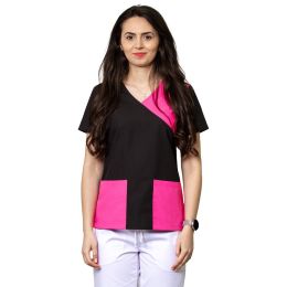 Uniforme/UNIFORME LUCRU/Bluze si Halate Dama - Bluza medicala dama MIRA Clasic, maneca scurta, 2 buzunare, negru cu bordura roz inchis, XS